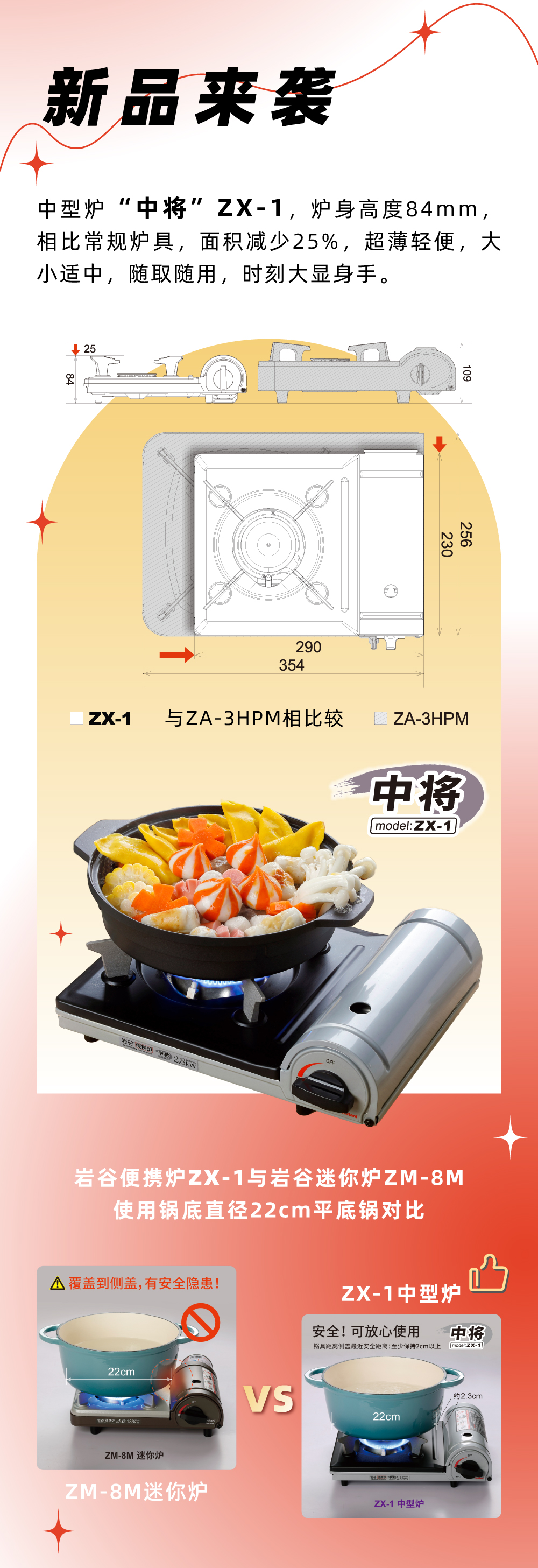 巖谷便攜爐ZX-1，爐身高度84mm，相比常規(guī)爐具，面積減少25%，
超薄輕便，大小適中，隨取隨用，時刻大顯身手。